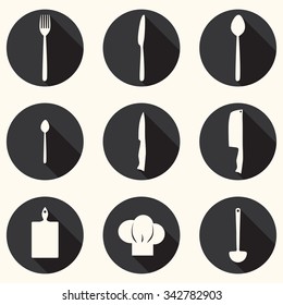 Black & white kitchen utensils icons isolated, flat design, vector eps10