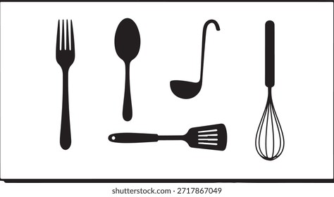 Black and white kitchen utensils including fork spoon ladle spatula and whisk