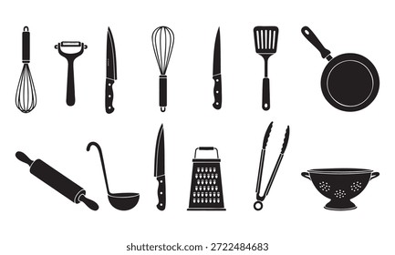 Utensilios y herramientas de cocina en blanco y negro