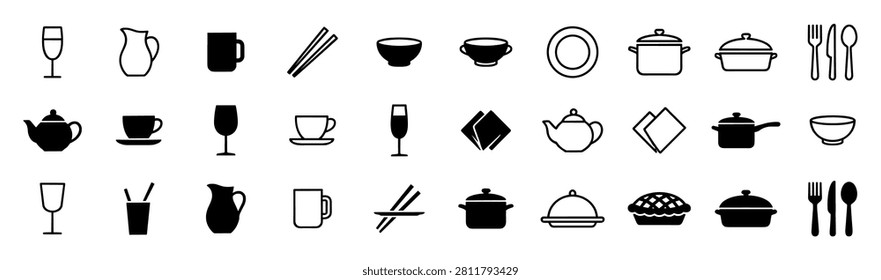 Black and white kitchenware icons collection including glasses, pitchers, mugs, chopsticks, bowls, plates, pots, teapots, cups, napkins, and cutlery on transparent background