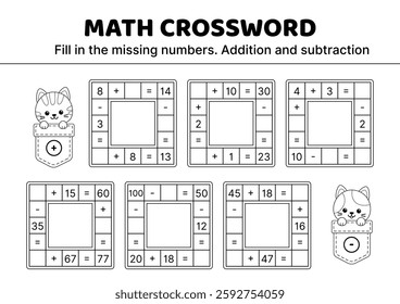 Black and white. Kitten. Easy math crossword game. Addition and subtraction. Fill in the missing numbers. Solve the problem. Educational attention game for kids. Isolated vector illustration eps 10