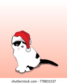 black and white kitten with gray eyes in a red hat with a white pompon sits on a pink white background