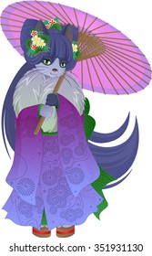 Black and white kitty in a purple kimono walking in pink asian paper umbrella
