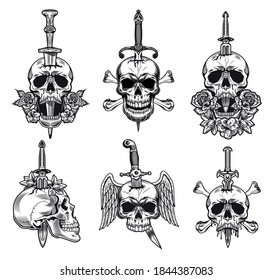 Black and white knife through skull vector illustration set. Monochrome dead head with dagger inside isolated on white background. Design elements for tattoo concept can be used for retro template