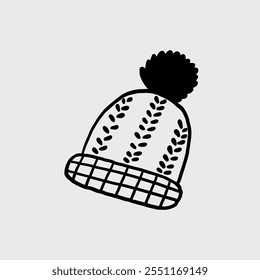 Black and white knit hat with pompom, depicted in cozy winter style. Vector hand drawn illustration in freehand style