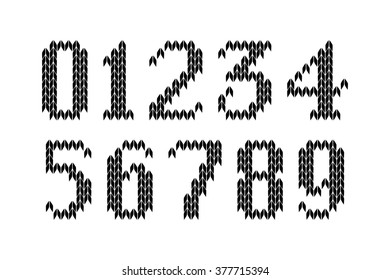 Black and white knitted figures. Numbers set. Embroidery. Signs isolated on white background. Vector illustration. 