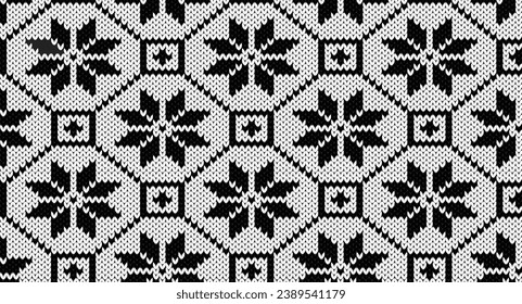 Black and white knitted pattern, Festive Sweater Design. Seamless Knitted Pattern