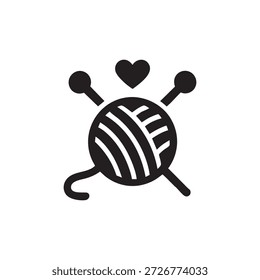 Black and White Knitting Yarn Icon with Heart Minimal Vector for Craft Branding and AI App Design