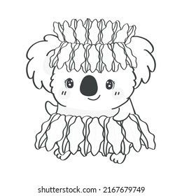 Black and White Koala Bear Clipart in Cute Cartoon Style Beautiful Clip Art Coloring Page Koala in Hawaiian Costume. Vector Illustration of an Animal for Prints for Clothes, Stickers, Textile.  svg