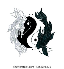 Ilustración de peces koi blanco y negro formando un Yang Yi, perfecto para diseños de ropa, afiches y más