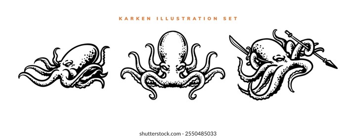 black white kraken artwork set 