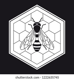 Black and white label with a bee on a hive cell background to promote a quality honey.