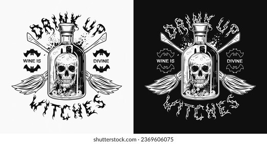 Black and white label with bottle of potion with human skull, eyeballs, mushrooms inside, criss crossed brooms, bat silhouette, text Drink up Witches. Halloween creepy illustration in vintage style