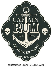 A black and white label for Captain RUM, decorated with an old ship anchor and human skulls in a curly frame. Vector illustration in retro style, isolated on a white background