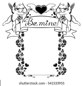 Black and white label with cupids and artistic written text:"Be mine!". Vector clip art.