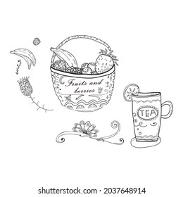 Black and white label design including organic tea and basket with berries and fruits. Vector illustration, line drawing, vintage feel. Suitable for label or logo design. 