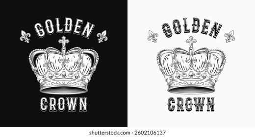Black and white label with imperial crown, fleur de lis sign, text. Detailed composition in vintage style.