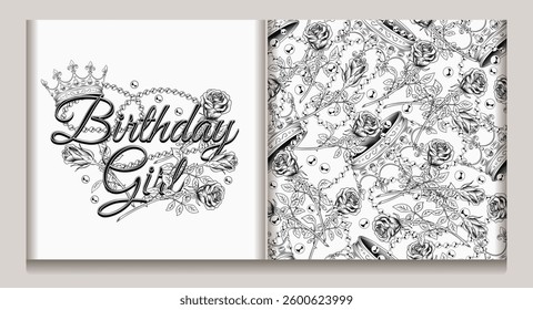 Black and white label, seamless pattern with crown, scattered jewelry, roses with stem. Detailed illustration in vintage style. Holiday design
