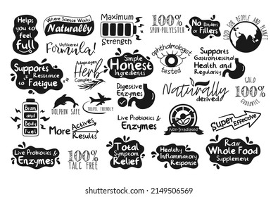 Black and white label set for healthy food ad. Isolated on white hand drawn element with sign, adaptogen herb complex. No binders or fillers, dolphin safe product ink sticker, vector illustration