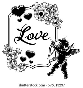 Black and white label with silhouettes of Cupid, hearts and artistic written word "Love".