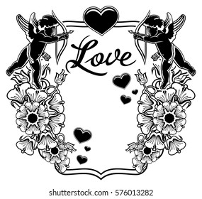 Black and white label with silhouettes of Cupid, hearts and artistic written word "Love".