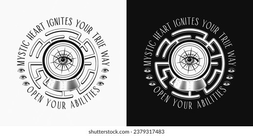 Black and white label with text, magic crystal ball with all seeing eye. Glass orb with light rays inside for clairvoyant witchcraft. Prediction, occult, mystical concept. Not AI