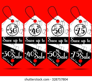 Black and white labels on a red background. Vector illustration of price tag. Sale Tags.