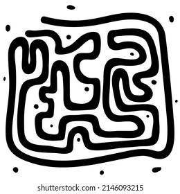 Schwarz-weißes Labirinth auf weißem Hintergrund. Vektorgrafik, handgezeichnet. Abstraktes Symbol einzeln für Benutzeroberfläche, Design, Geschäftswelt, Karten, Spiele, Dekoration, Layout, Banner und andere Grafiken