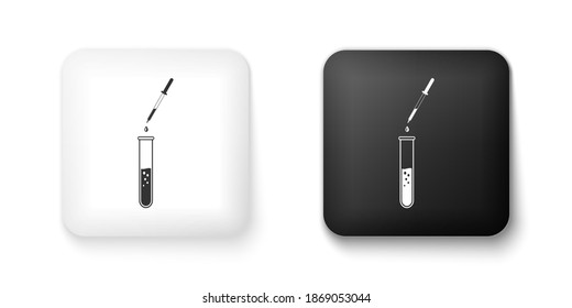 Black and white Laboratory pipette with liquid and falling droplet over test tube icon isolated on white background. Laboratory research or laboratory testing. Square button. Vector.