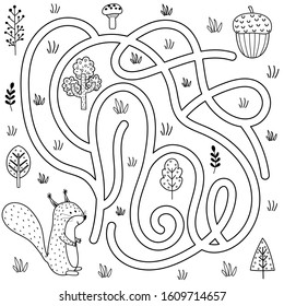 Black and white labyrinth game for kids. Help the squirrel find the way to the nut. Printable maze activity for children. Vector illustration