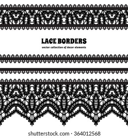 Black and white lace background, ornamental vector frame with lacy borders, set of lace ribbons on white