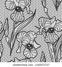 Black and white lace design background, ornamental flowers band Abstract Lace Ribbon Seamless Pattern. Template frame Lace Doily. Floral irises background border vector illustration