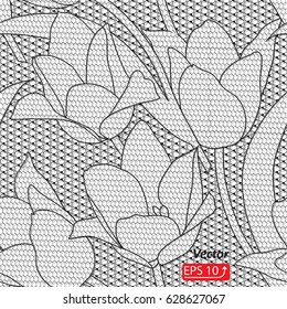Black and white lace design background, ornamental flowers Abstract Lace Ribbon Seamless Pattern.  