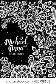 Black and White Lace. Floral Background Lace. Wedding invitation card. Vector greeting card.