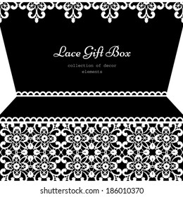 Black and white lace frame with seamless borders, ornamental lacy gift box, casket or jewelry case