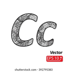 Black and white lace lacy font letter C c,  isolated on white background Set alphabet vector illustration