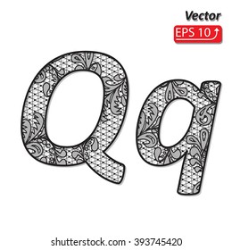 Black and white lace lacy font letter Q q, isolated on white background Set alphabet vector illustration