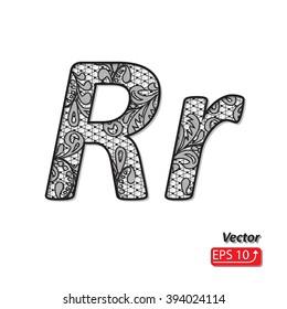 Black and white lace lacy font letter R r, isolated on white background Set alphabet vector illustration