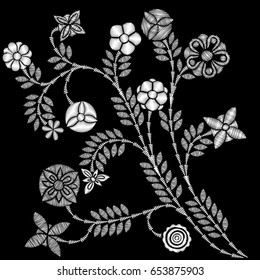 Black and white lace vector design. Contemporary lace background ornamental flowers embroidery style. Floral background for wedding invitation. Decorative element for embroidery, patches and stickers.