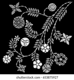Black and white lace vector design. Contemporary lace background ornamental flowers embroidery style. Floral background for wedding invitation. Decorative element for embroidery, patches and stickers.