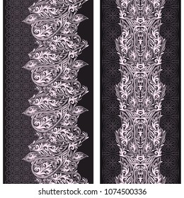 Black and white lace vertical seamless pattern with paisley and ethnic decorative elements. Vector set of 2. Use for embroidery, braid, tape, ribbon .