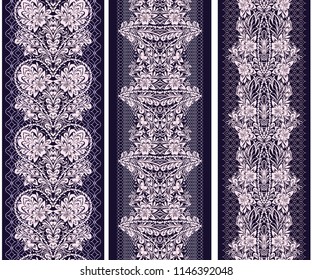 Black and white lace vertical seamless pattern with paisley and ethnic decorative elements. Vector set of 3. Use for embroidery, braid, tape, ribbon.