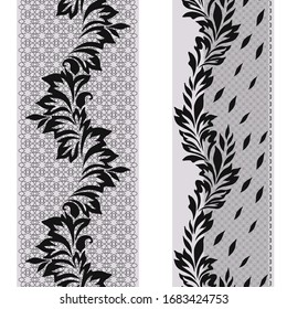 Black and white lace vertical seamless pattern with leaves. Vector set of 2. Use for embroidery, braid, tape, ribbon .