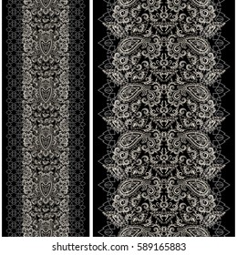 Black and white lace vertical seamless pattern with paisley and ethnic decorative elements. Vector set of 2. Use for embroidery,braid, tape, ribbon .