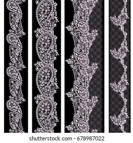 Black and white lace vertical seamless pattern with paisley and ethnic decorative elements. Vector set of 4. Use for embroidery, braid, tape, ribbon .