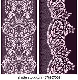 Black and white lace vertical seamless pattern with paisley and ethnic decorative elements. Vector set of 2. Use for embroidery, braid, tape, ribbon .