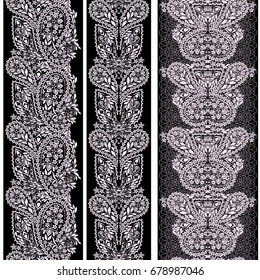 Black and white lace vertical seamless pattern with paisley and ethnic decorative elements. Vector set of 3. Use for embroidery, braid, tape, ribbon .