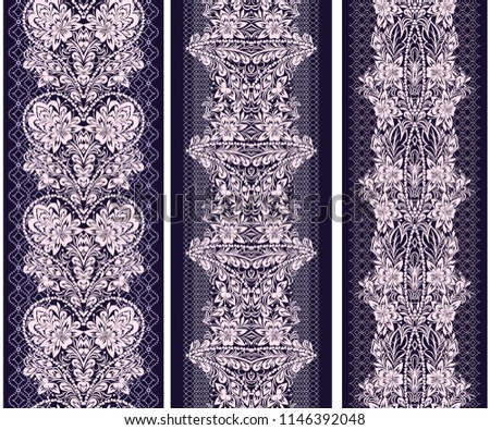 Black and white lace vertical seamless pattern with paisley and ethnic decorative elements. Vector set of 3. Use for embroidery, braid, tape, ribbon.
