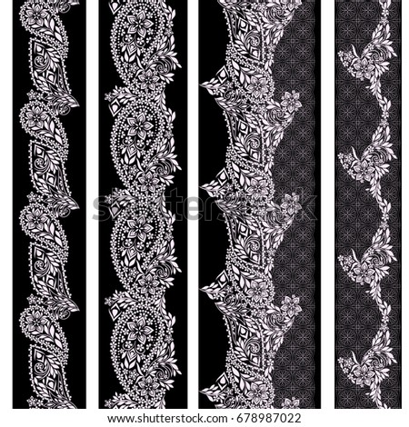 Black and white lace vertical seamless pattern with paisley and ethnic decorative elements. Vector set of 4. Use for embroidery, braid, tape, ribbon .