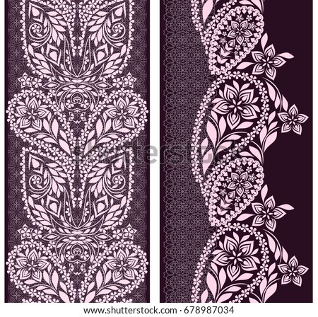 Black and white lace vertical seamless pattern with paisley and ethnic decorative elements. Vector set of 2. Use for embroidery, braid, tape, ribbon .